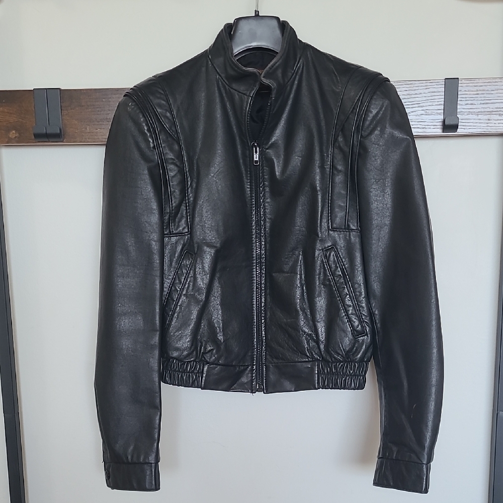 Black Leather Motorcycle Jacket with Stand-Up Collar Vintage 80s
